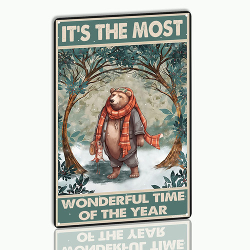 YLUYINOM Retro Tin Sign Brown Bear It's The Most Wonderful Time of The Year Metal Tin Sign Farmhouse Yard Garden Coffee Bar Decor 6X8 inch-Tin Painting