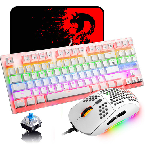 Mechanical Gaming Keyboard Blue Switch Mini 82 Keys Wired Rainbow LED Backlit Keyboard,Lightweight Gaming Mouse 6400DPI Honeycomb Optical,Gaming Mouse Pad for Gamers and Typists(White)