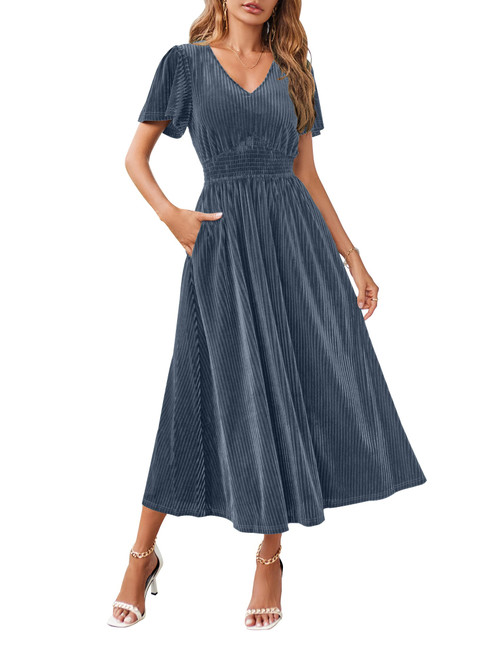 MEROKEETY Women's Flutter Short Sleeve V Neck Velvet Maxi Dress Bridesmaid Wedding Guest Formal Dresses Greyblue L MEROKEETY Women's Flutter Short Sleeve V Neck Velvet Maxi Dress Bridesmaid Wedding Guest Formal Dresses Greyblue L