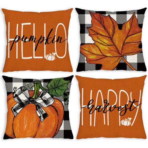 Fall Pillow Covers 18x18 Set of 4 Throw Pillow Covers Thanksgiving Buffalo Check Farmhouse Decorations Pumpkin Pillow Covers Decorative Outdoor Autumn Cushion Case for Couch, Fall Decorations for Home