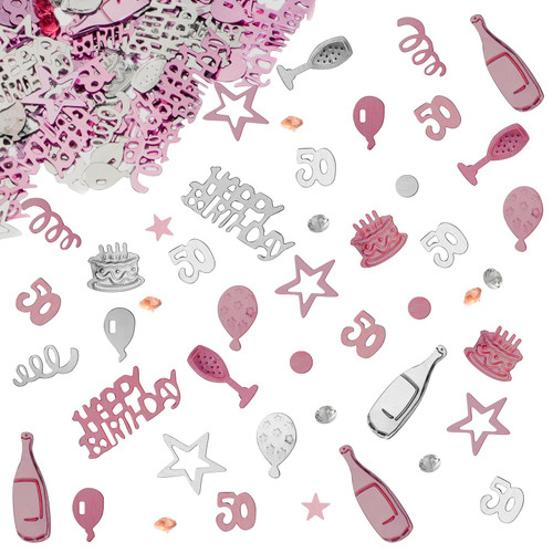 OSDUE 3000 Pieces Pink Gold Silver Happy Birthday Confetti, 50 Years Birthday Cake Confetti, Metallic Foil Balloon Confetti, Table Scatter Confetti Decoration Supplies, for Birthday Party (50th Style)