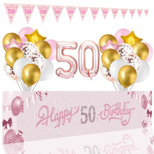 50th Birthday Decorations for Him or Her Pink Rose Gold 50 Years Old Party Supplies with HAPPY BIRTHDAY Banner Happy 50th Birthday Backdrop Banner Balloons for Men Women 50th Birthday Party Decor
