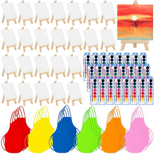 72pcs Watercolor Paint Party Supplies for Kids - Painting Party Favors for Children - Canvas Panels with Easel Watercolor Paint Set with Aprons for Classroom