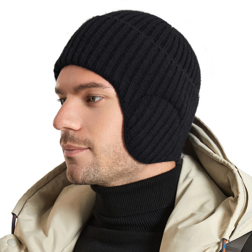 Muryobao Mens Winter Beanie Hats Knitted Cuffed Earflaps Hat Stretchy Warm Thick Windproof Knit Ski Skull Cap Black