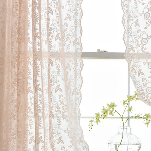FINECITY Blush Pink Lace Curtains 45 Inch Length, Country Branch Leaf Floral Pattern Short Lace Cafe Curtains 2 Panels Set for Small Window, Privacy Lace Sheer Curtains, 52 x 45 Inch, Blush Pink