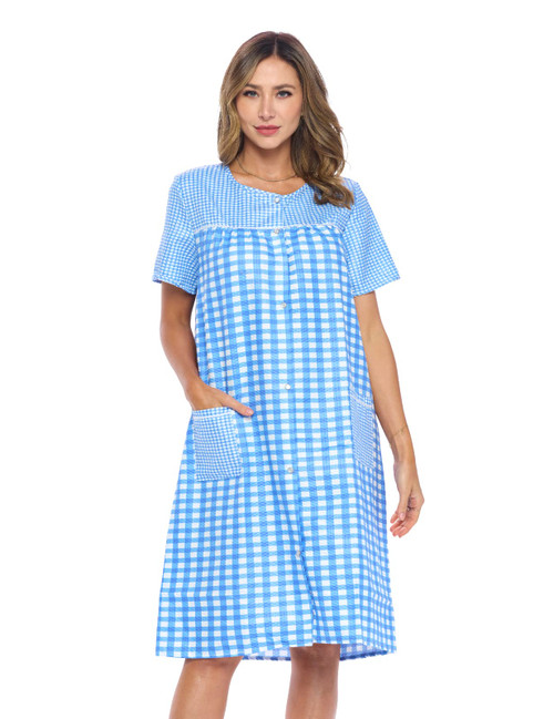 Casual Nights Women's Snap - Front House Dress Short Sleeve Seersucker Woven Housecoat Duster Lounger Robe with Pockets - Gingham Blue - XX-Large