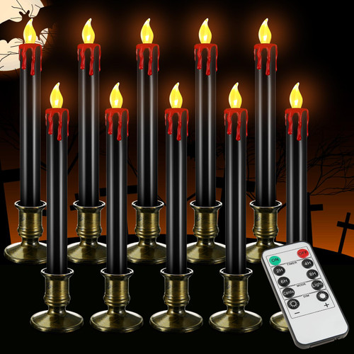 Koncifun Halloween Flameless Candles 10 Pcs Black Taper Candles with Remote Timer, Battery Operated LED Window Candles Halloween Flickering Candles for Halloween Party Home Decorations