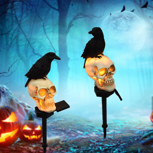 LAIAMER Halloween Decorations Outdoor Solar Scary Skull Lights,2PCS Skeleton Halloween Decor Outdoor Halloween Realistic Resin Crows Decor, Waterproof Solar Halloween Garden Lights for Yard Outside