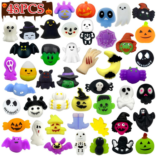 48 Pcs Halloween Mochi Squishy Toys Bulk Halloween School Party Favors Stuffers for Kids Adults Stress Relief Squishy Treat Bags Goodie Bags Birthday Gift Classroom Prizes Fillers