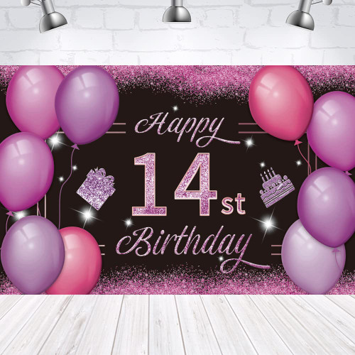 Happy 14st Birthday Backdrop Banner Pink Purple 14th Sign Poster 14 Birthday Party Supplies for Anniversary Photo Booth Photography Background Birthday Party Decorations, 72.8 x 43.3 Inch