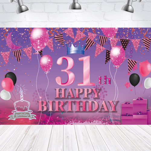 Happy 31th Birthday Backdrop Banner Pink Purple 31th Sign Poster 31 Birthday Party Supplies for Anniversary Photo Booth Photography Background Birthday Party Decorations, 72.8 x 43.3 Inch