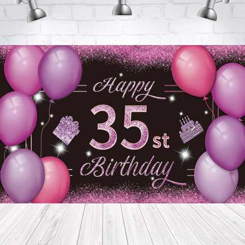 Happy 35st Birthday Backdrop Banner Pink Purple 35th Sign Poster 35 Birthday Party Supplies for Anniversary Photo Booth Photography Background Birthday Party Decorations, 72.8 x 43.3 Inch