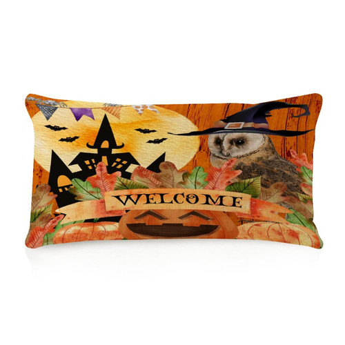 Solid Cushion Covers 12x20 Inch Welcome Halloween Witch Owl Country Pillow Case Accent Pumpkin Bat Specter Home Decoration Square Linen Pillow Shams for Playroom Bench Bed