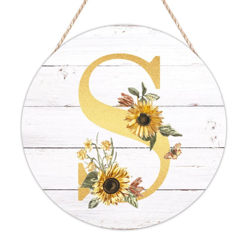 Welcome Sign Front for Door Monogram Initial S Gold Round Wooden Signs Alphabet Sunflower Floral Wood Plaque Garden Lover 10in Rustic Printing Wooden Sign For s Home Bedroom Living Room Decor