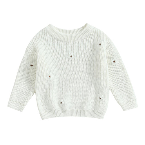 Infant Toddler Baby Girl Knit Sweater Long Sleeve Floral Embroidery Pullover Sweatshirt Warm Fall Winter Clothes (Floral-White, 18-24 Months)