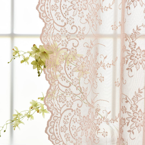 Kotile Blush Pink Sheer Lace Curtains, Country Rustic Vine Floral Embroidered Lace Curtains 54 Inch Length for Small Windows, Scalloped Edge Privacy Lace Window Curtains, 52 x 54 Inch, 2 Panels, Blush