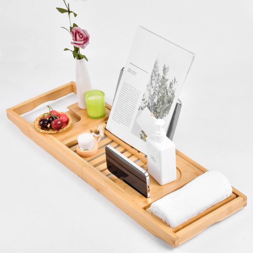 Expandable Bathtub Tray Caddy, Waterproof Bamboo Bath Tray with Candle, Wine Glass, Book, iPad & Phone Holders, Adjustable Bathroom Tray for Tub, Luxury Bath Caddy Tub Table for Bathroom.