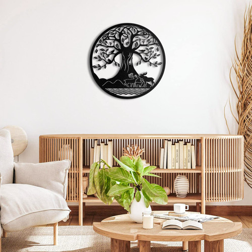 2023 Tree of Life Wall Art, Black Metal Tree of Life Wall Decor, Tree of Life Wall Art with River Animal Abstract Art, Hanging Garden Sculptures for Bedroom, Living Room Decor Indoor Outdoor Decoration (Only One 12IN)