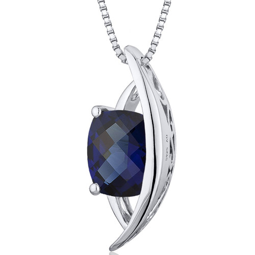 Peora Created Blue Sapphire Pendant Necklace in Sterling Silver, 2 Carats Radiant Shape, Vintage Floating Solitaire Design with 18 inch Chain