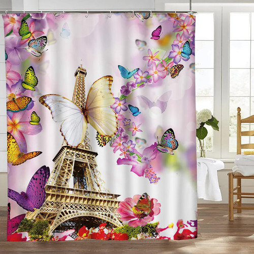 Mecowcm Butterfly Shower Curtain Paris Eiffel Tower Shower Curtain with Hooks Polyester Waterproof Fabric Pink Shower Curtain for Bathroom 60x72 Inch