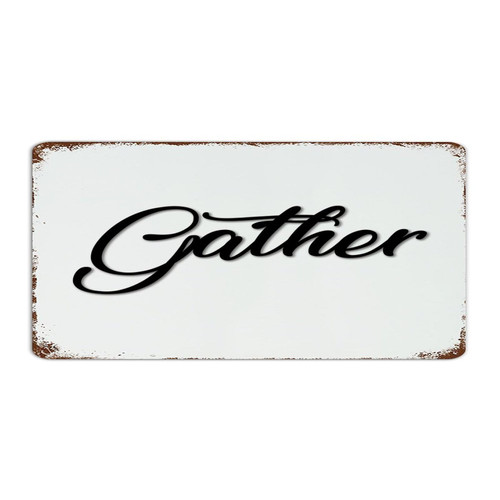 Autravelco Gather Farmhouse Metal Signs Customized Men Signs Cursive Word Art Black Letters Home Decor Aluminum Metal Sign for Room Laundry Dorm 6x12 Inch