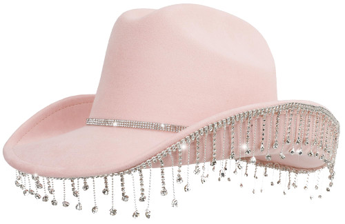 Melesh Women Cowgirl Hat Rhinestone Fringe Bling Diamond Western Cowboy Hat (Pink)