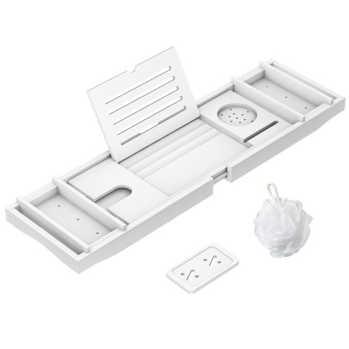 Bamboo Bathtub Tray Bath Tub Caddy with Expandable Handles Wine Glass Phone Holder Book Stand for Bathroom White