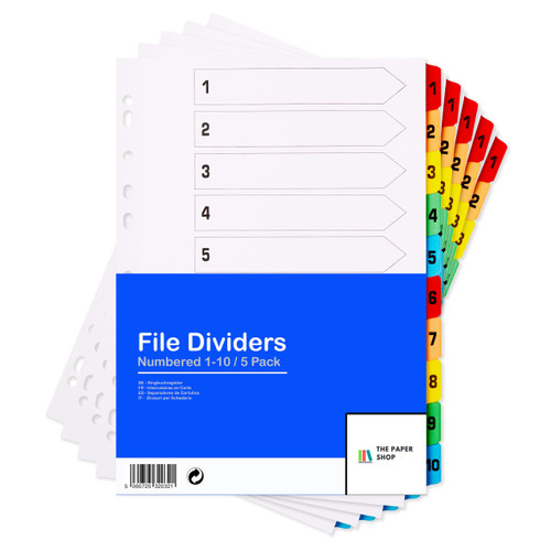 [5 Pack] Binder Dividers with Tabs A4 1-10 Numbered | Dividers for 3 Ring Binder | for Organization Pages in 3 Ring Binder Dividers with tabs, Each Set Includes Tab Dividers - The Paper Shop