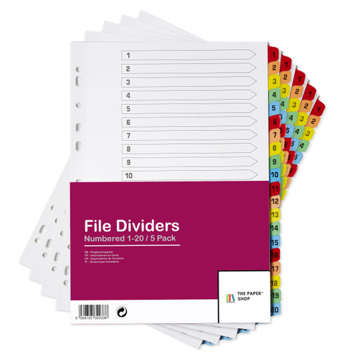 [5 Pack] Binder Dividers with Tabs A4 1-20 Numbered Tabs | Dividers for 3 Ring Binder | for Organization Pages in 3 Ring Binder Dividers with tabs, Each Set Includes Tab Dividers - The Paper Shop