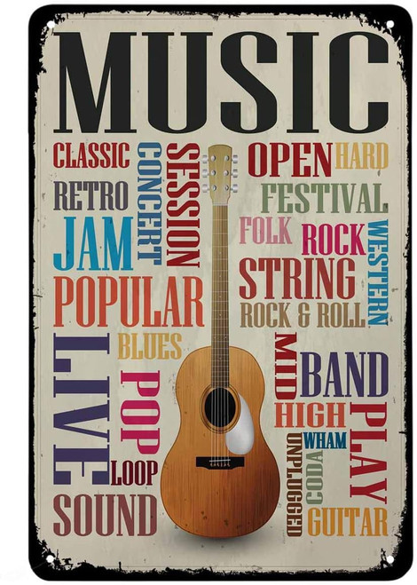 Pioujw-Classic Guitar Tin Signs,Music Theme with Letter Vintage Metal Tin Sign for Men Women,Wall Decor for Bars,Restaurants,Cafes Pubs,12x8 Inch