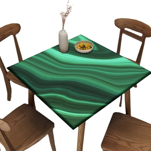 Marble Square Fitted Polyester Tablecloth, Dark Green Marble Elastic Edge Home Decor Tablecloths, Waterproof Oil & Dust Proof Table Clothes For Family Picnic BBQ Use, Fits 30" x 30" Square Table