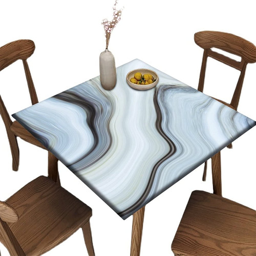 Marble Square Fitted Polyester Tablecloths, Grey White Marble Elastic Edge Decorative Tablecloths, Oil & Dust Proof Washable Table Cover For Family Festival Party Use, Fits 30" x 30" Square Table