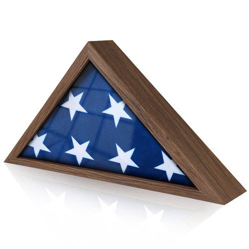 DecoWoodo Flag Box Display Case for 3'x5' American Folded Flag, Solid Wood Military Veteran Flag Shadow Box with HD Glass, Wall Mounted Triangle Flag Frame, Not for Burial Flag, Rust Brown