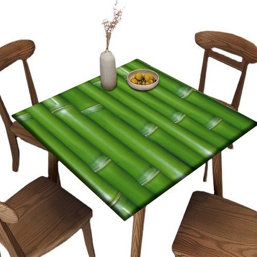 Square Fitted Polyester Tablecloth, Green Bamboo Pole Elastic Edge Decorative Table Cover, Oil & Dust Proof Washable Tablecloths For Family Festival Party Table Clothes, Fits 30" x 30" Square Table