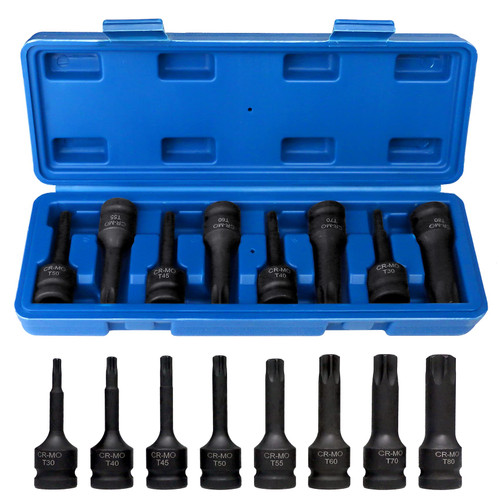 Impact Torx Socket Set 8 Pieces, T30 T40 T45 T50 T55 T60 T70 T80 Cr-Mo Impact Grade, 1/2" Drive Torx Bit Socket Set with Case