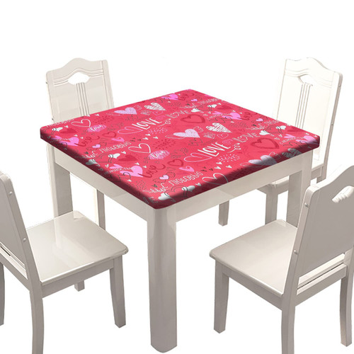 SongYi Valentine Square Fitted Tablecloth, Valentine's Day Love Elastic Edge Home Decor Table Cover, Waterproof Oil & Dust Proof Polyester Tablecloths For Living Room Kitchen Use, Fits 24" x 24" Table