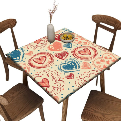 Valentine Fitted Polyester Tablecloth Square, Valentine's Day Love Heart Elastic Edge Decorative Table Cover, Oil & Dust Proof Washable Table Cover For Family Holiday Party Use, Fits 30" x 30" Table