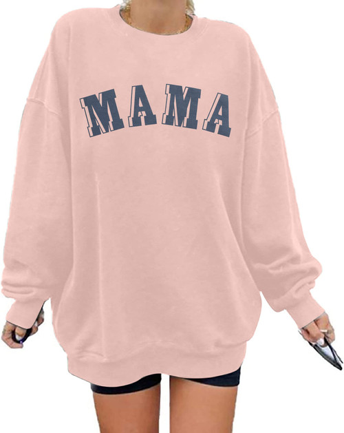 BANGELY Oversized Mama Sweatshirt Women Mom Life Letter Print Pullover Top Casual Crewneck Long sleeve Lightweight Tee Pink