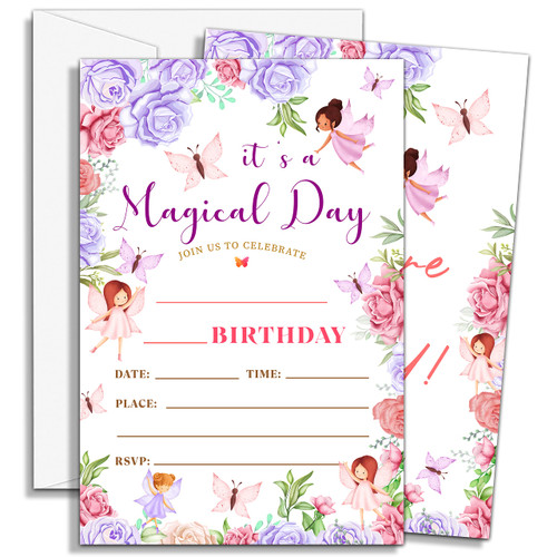 Fairy Birthday Invitations, Floral Fairy Princess Party Invitations, Purple Pink Magical Fairy Birthday Party Invitation For Boys Girls, Birthday Decorations - 20 Invites With 20 Envelopes - D017 Fairy Birthday Invitations, Floral Fairy Princess Party Invitations, Purple Pink Magical Fairy Birthday Party Invitation For Boys Girls, Birthday Decorations - 20 Invites With 20 Envelopes - D017