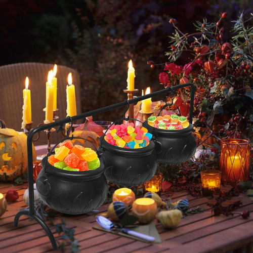 Zhitaoxun 3pcs Witches Cauldron Serving Bowls with Iron Rack,Halloween Party Decotations,Black Plastic Candy Bucket Cauldron Bowls for Halloween Outdoor and Indoor Decor