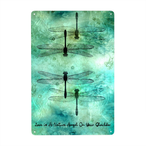 Alziva Dragonfly Vintage Metal Tin Sign Wall Art Decor, Love Is A Nature Angel On Your Shoulder Aluminum Metal Poster Office Sign Decor Wall for Home Retro Tin Plaque Gift Garden Sign 8"x12" Inch