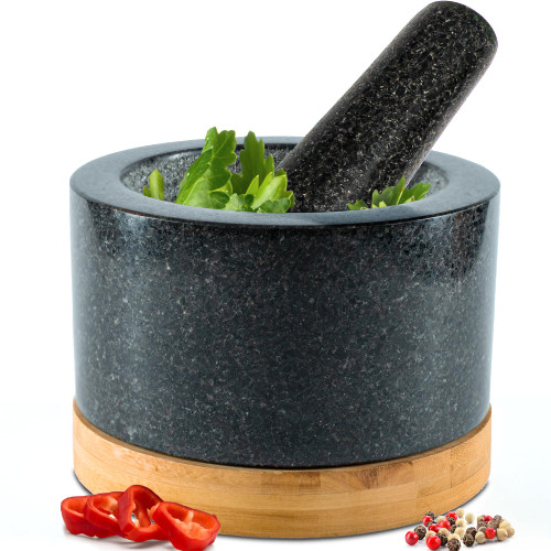 Heavy Duty Mortar and Pestle Set with Bamboo Base, Large 2 Cups, 100% Natural Granite Mortar and Pestle Large Stone Grinder Bowl, Molcajete Bowl, Masher Guacamole Bowls, Polished Black Heavy Duty Mortar and Pestle Set with Bamboo Base, Large 2 Cups, 100% Natural Granite Mortar and Pestle Large Stone Grinder Bowl, Molcajete Bowl, Masher Guacamole Bowls, Polished Black