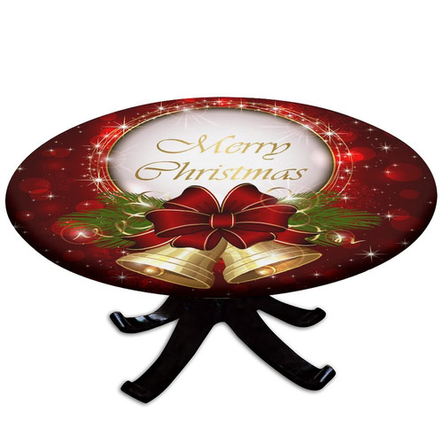 Atury Round Fitted Polyester Tablecloth, Red Christmas Bell Elastic Edge Decor Tablecloths, 44" Tablecloth - Fit for 36" Table, for Living Room Terrace Table Clothes