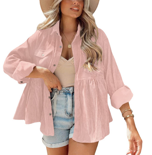 Womens Corduroy Shacket Jacket Button Down Long Sleeve Shirts Winter Oversized Tops Pink X-Large