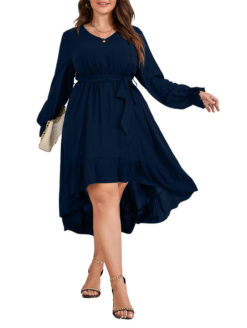 SCOMCHIC Women's Navy Blue Dress Plus Size Dress Long Sleeve Fall Midi Dress High Low Ruffle Belted Cocktail Dress XL