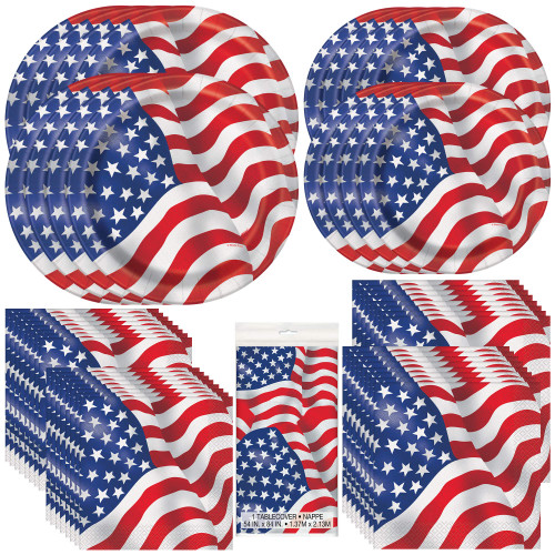 Unique USA Flag Dinnerware Party Bundle | Plates, Napkins, Table Cover | 4th of July Party BBQ, Patriotic Freedom, Independence Day