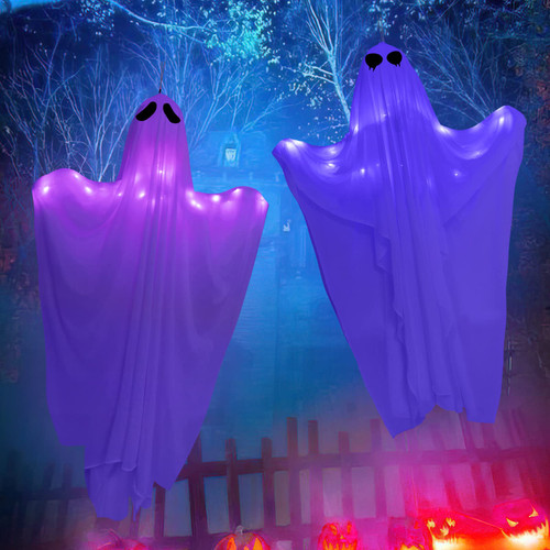 Halloween Hanging Ghosts Decorations with LED Lights - 47" Light up Flying Ghosts for Front Door Porch Yard Tree Halloween Hanging Decorations Outdoor, 2 Pack