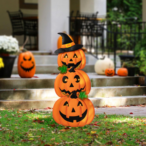 Glitzhome 39.75" H Set of 3 Halloween Stacked Pumpkin Garden Stakes,Light Up Metal Jack-o-Lantern Hanging Sign Decor,Outdoor Halloween Yard Signs Decorative Pumpkin Figurine for Lawn Pathway