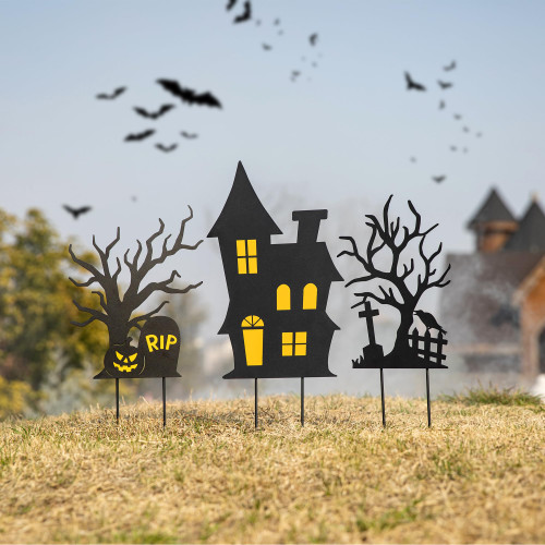 glitzhome 24" H Set of 3 Halloween Metal Silhouette Haunted House and Ghost Tree Yard Stake,Scary Halloween Hanging Decorations Night Scene Silhouette Yard Sign for Outdoor Indoor Lawn Garden Decor