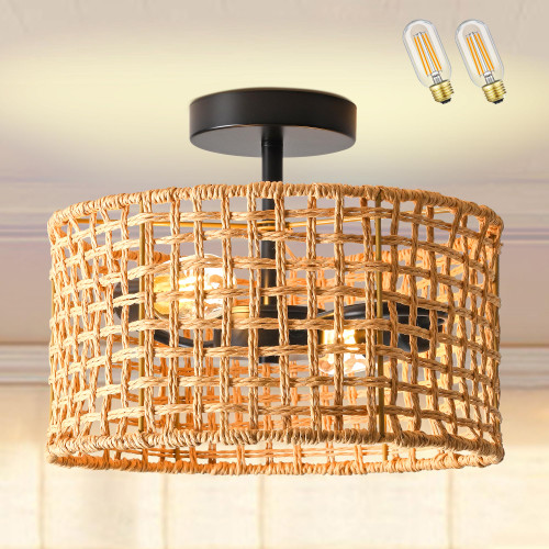 XININSUN Rattan Ceiling Light Fixtures, Boho Woven Semi Flush Mount Ceiling Light,2-Light Rattan Light Fixtures Ceiling Mount,Farmhouse Close to Ceiling Light for Bedroom Hallway Entryway